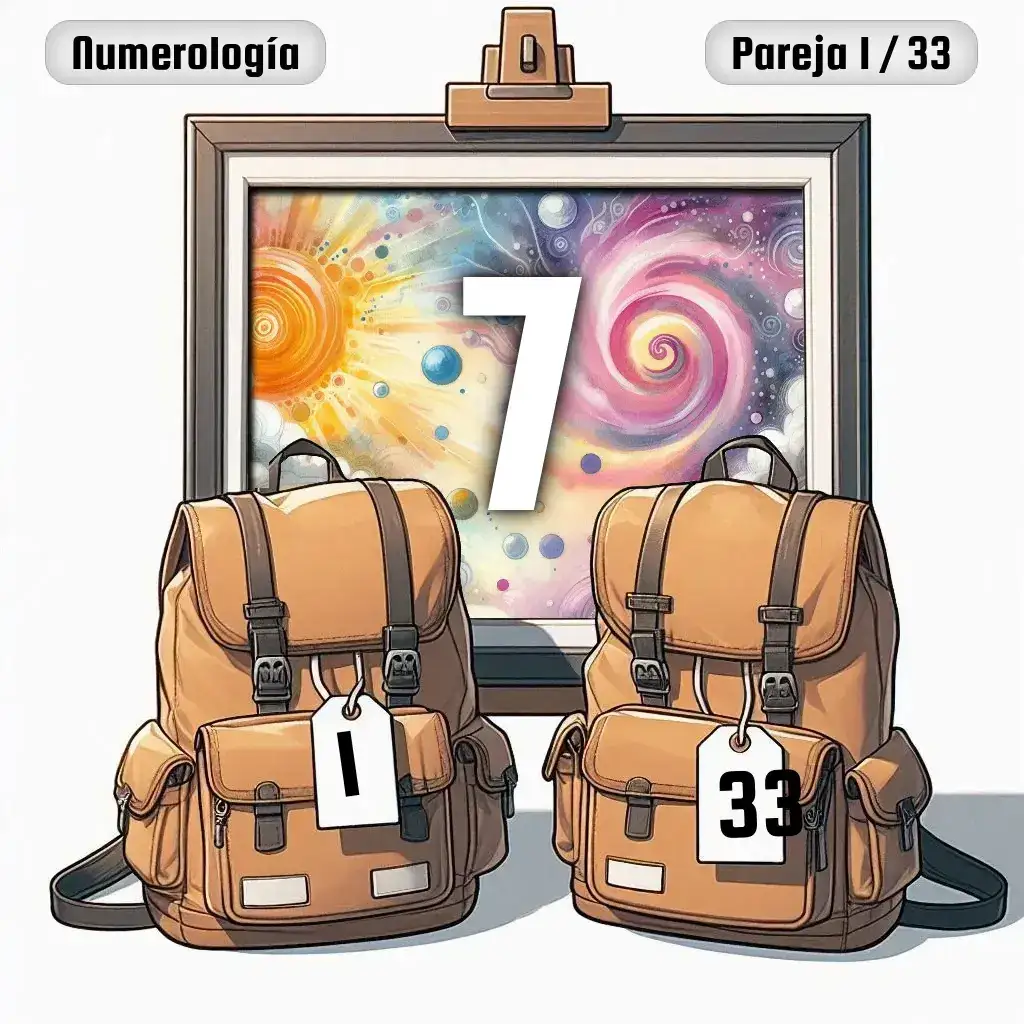 Dos mochilas, una con el número '1' y otra con el número '33' representand a los dos en la pareja. De fondo hay un cuadro con el número de pareja conjunta, el Siete