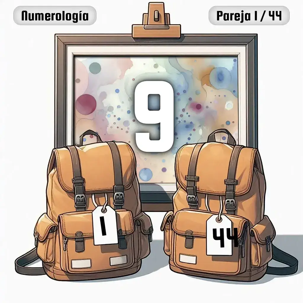 Dos mochilas, una con el número '1' y otra con el número '44' representand a los dos en la pareja. De fondo hay un cuadro con el número de pareja conjunta, el Nueve
