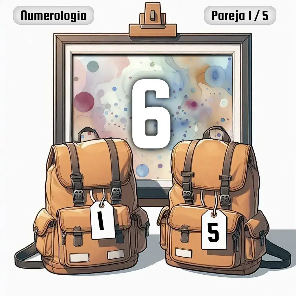 Dos mochilas, una con el número '1' y otra con el número '5' representand a los dos en la pareja. De fondo hay un cuadro con el número de pareja conjunta, el Seis