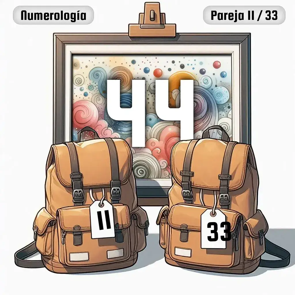 Dos mochilas, una con el número '11' y otra con el número '33' representand a los dos en la pareja. De fondo hay un cuadro con el número de pareja conjunta, el Cuarenta y cuatro