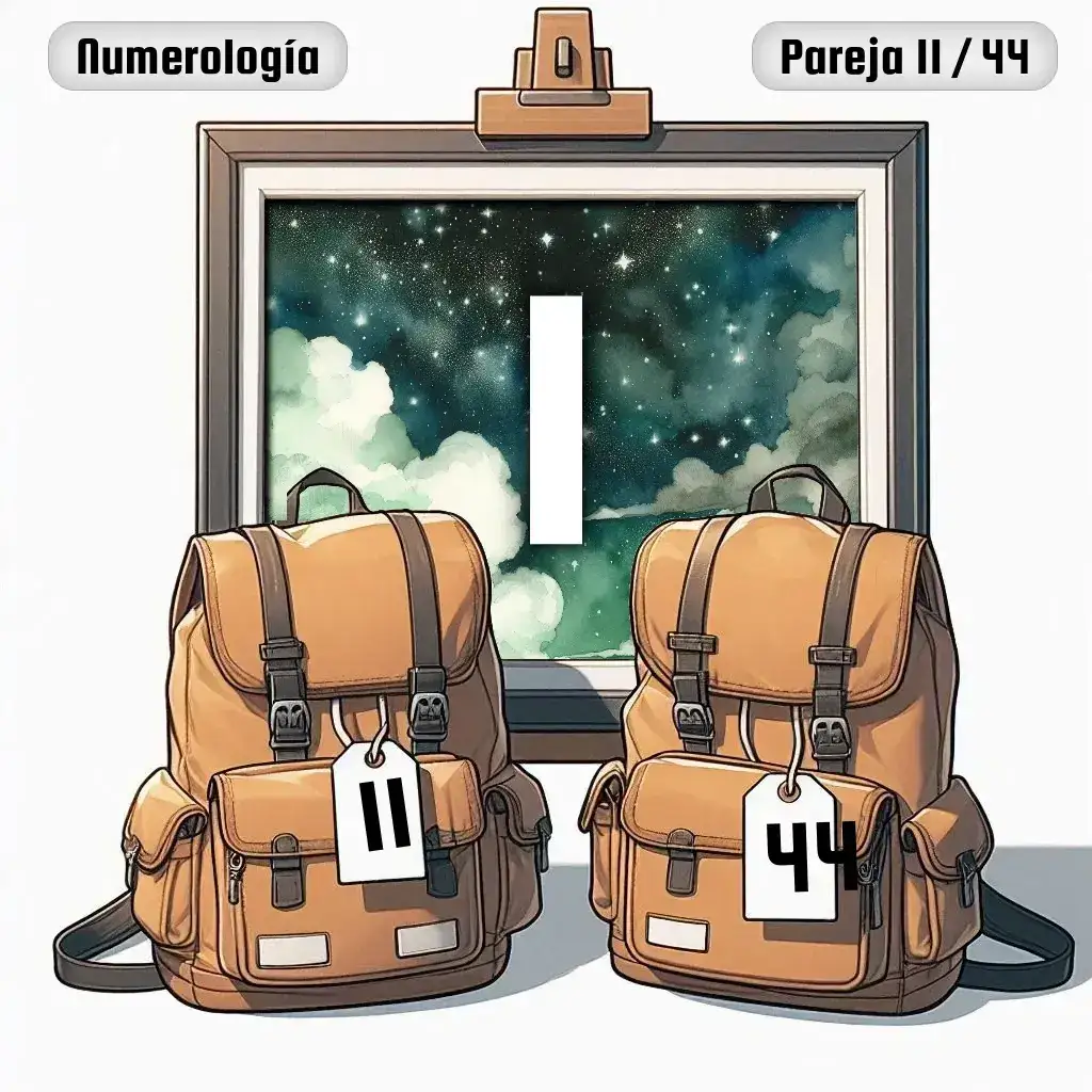 Dos mochilas, una con el número '11' y otra con el número '44' representand a los dos en la pareja. De fondo hay un cuadro con el número de pareja conjunta, el Uno