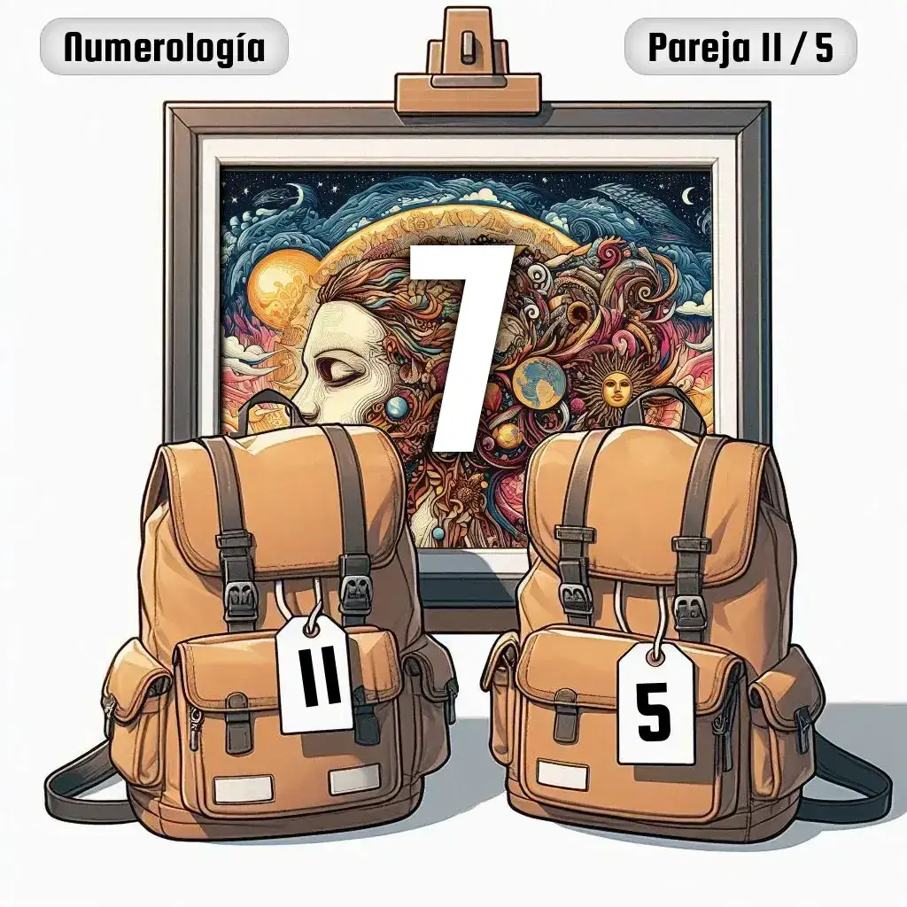 Dos mochilas, una con el número '11' y otra con el número '5' representand a los dos en la pareja. De fondo hay un cuadro con el número de pareja conjunta, el Siete