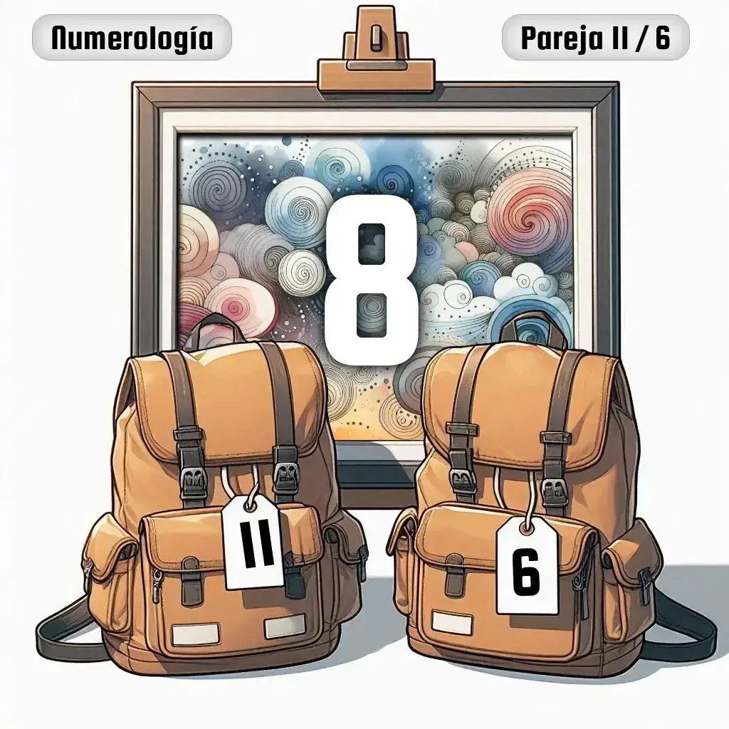 Dos mochilas, una con el número '11' y otra con el número '6' representand a los dos en la pareja. De fondo hay un cuadro con el número de pareja conjunta, el Ocho