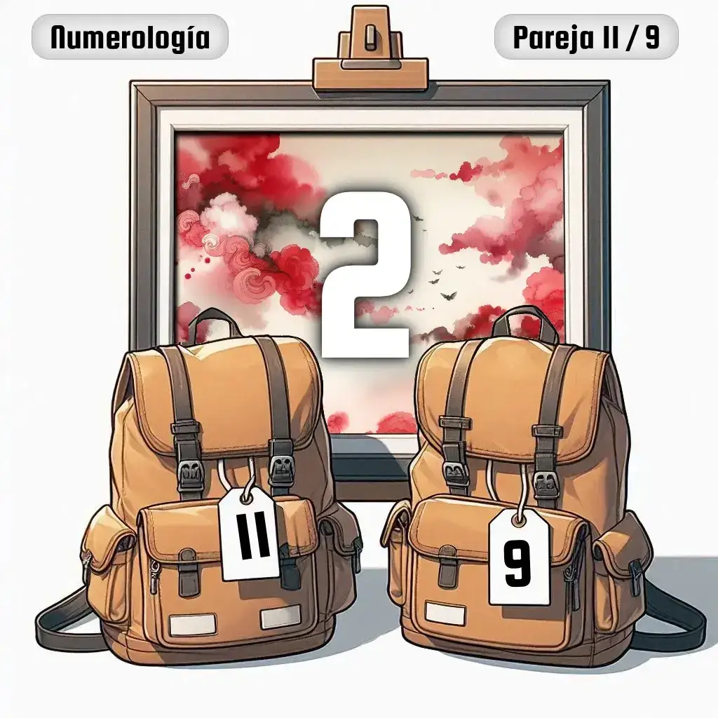 Dos mochilas, una con el número '11' y otra con el número '9' representand a los dos en la pareja. De fondo hay un cuadro con el número de pareja conjunta, el Dos