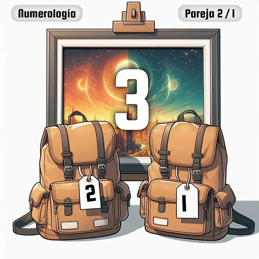 Dos mochilas, una con el número '2' y otra con el número '1' representand a los dos en la pareja. De fondo hay un cuadro con el número de pareja conjunta, el Tres