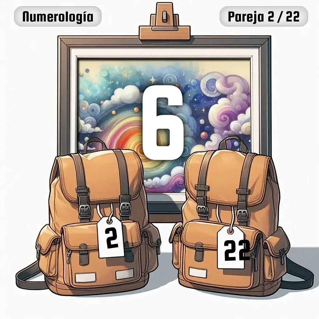 Dos mochilas, una con el número '2' y otra con el número '22' representand a los dos en la pareja. De fondo hay un cuadro con el número de pareja conjunta, el Seis