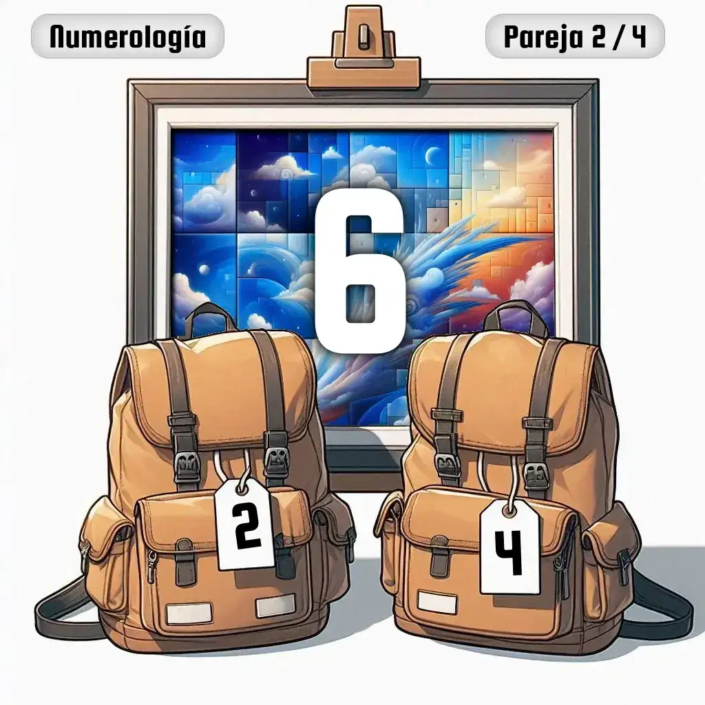 Dos mochilas, una con el número '2' y otra con el número '4' representand a los dos en la pareja. De fondo hay un cuadro con el número de pareja conjunta, el Seis