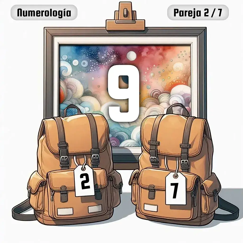 Dos mochilas, una con el número '2' y otra con el número '7' representand a los dos en la pareja. De fondo hay un cuadro con el número de pareja conjunta, el Nueve