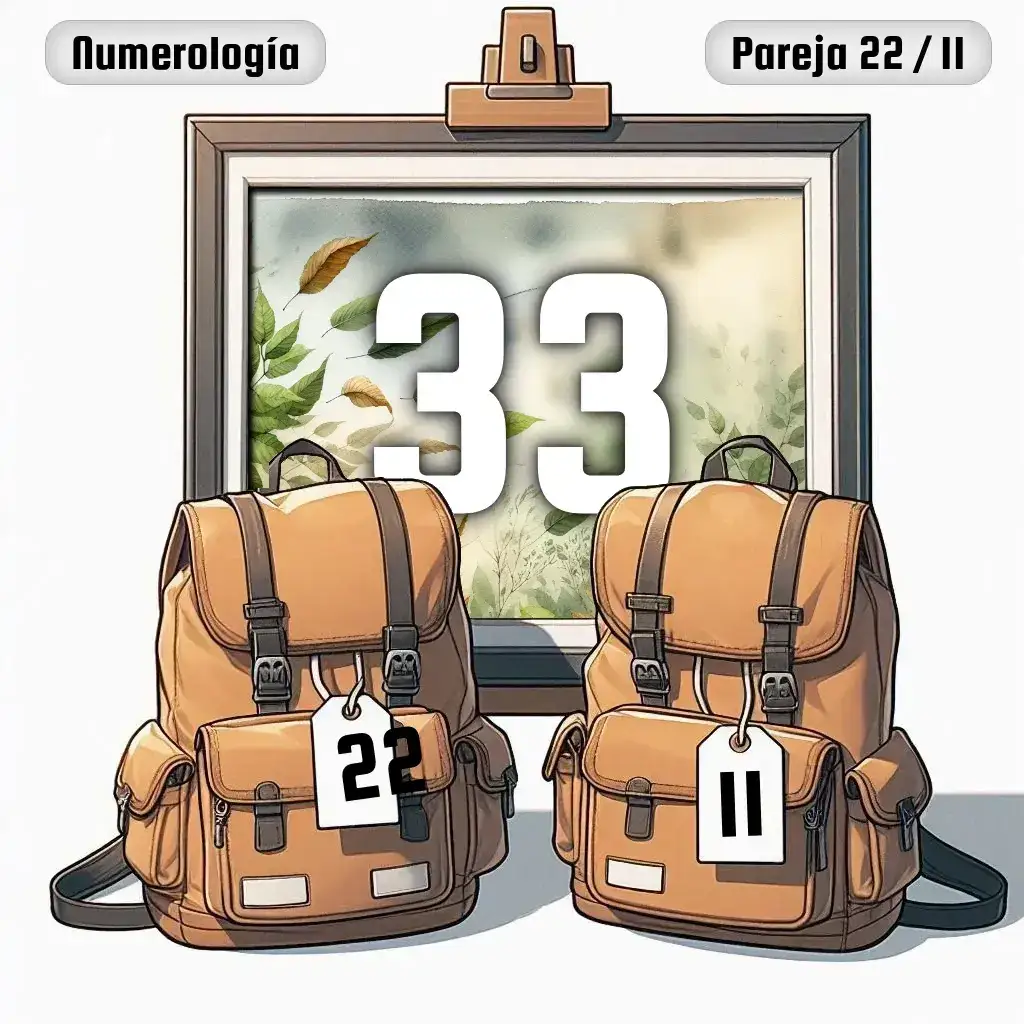 Dos mochilas, una con el número '22' y otra con el número '11' representand a los dos en la pareja. De fondo hay un cuadro con el número de pareja conjunta, el Treinta y tres