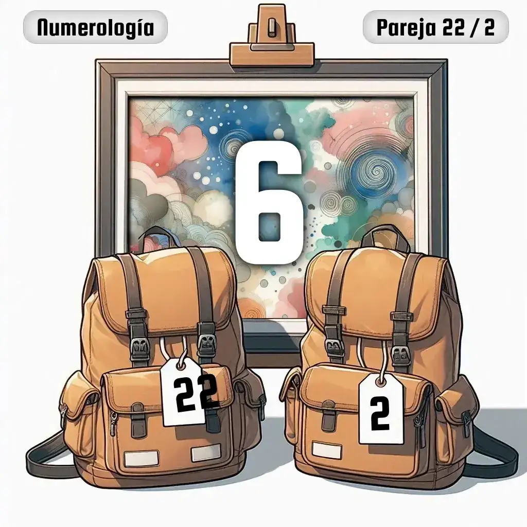 Dos mochilas, una con el número '22' y otra con el número '2' representand a los dos en la pareja. De fondo hay un cuadro con el número de pareja conjunta, el Seis