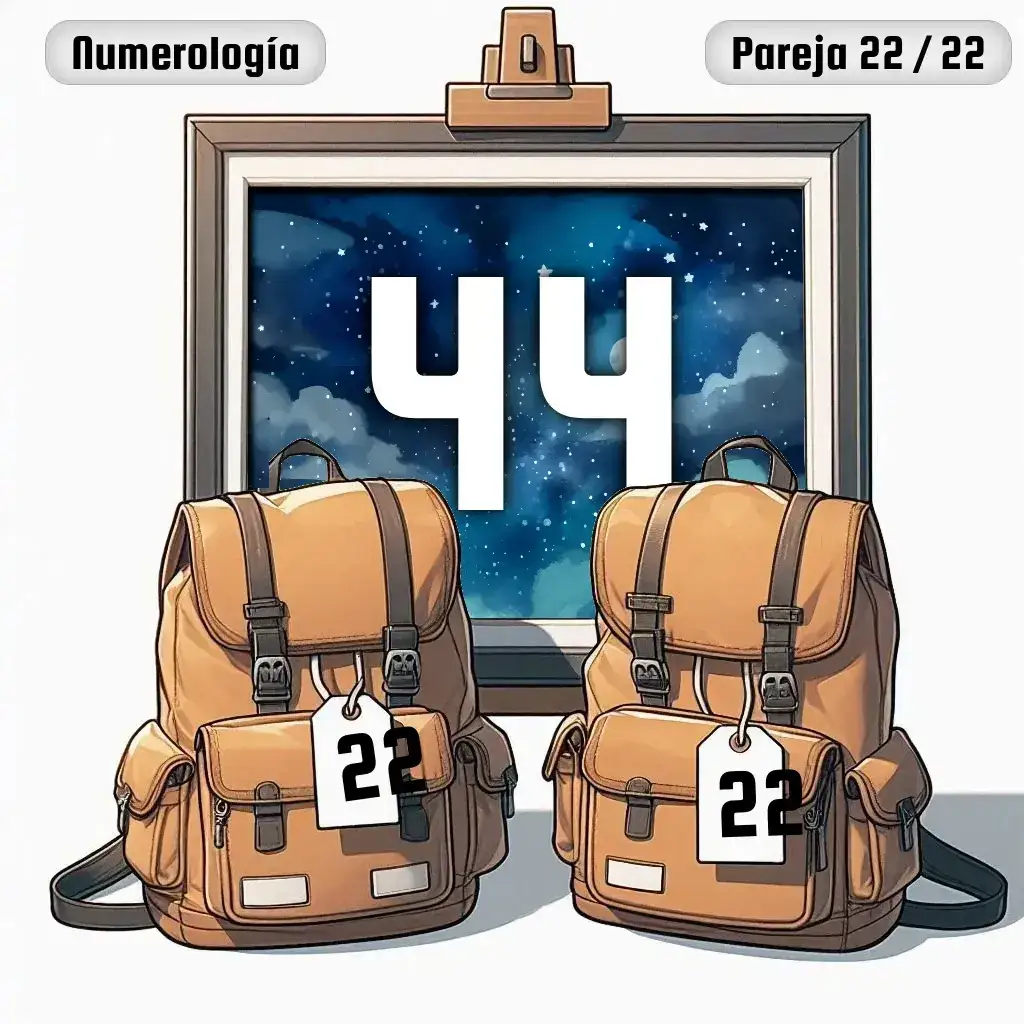 Dos mochilas, una con el número '22' y otra con el número '22' representand a los dos en la pareja. De fondo hay un cuadro con el número de pareja conjunta, el Cuarenta y cuatro