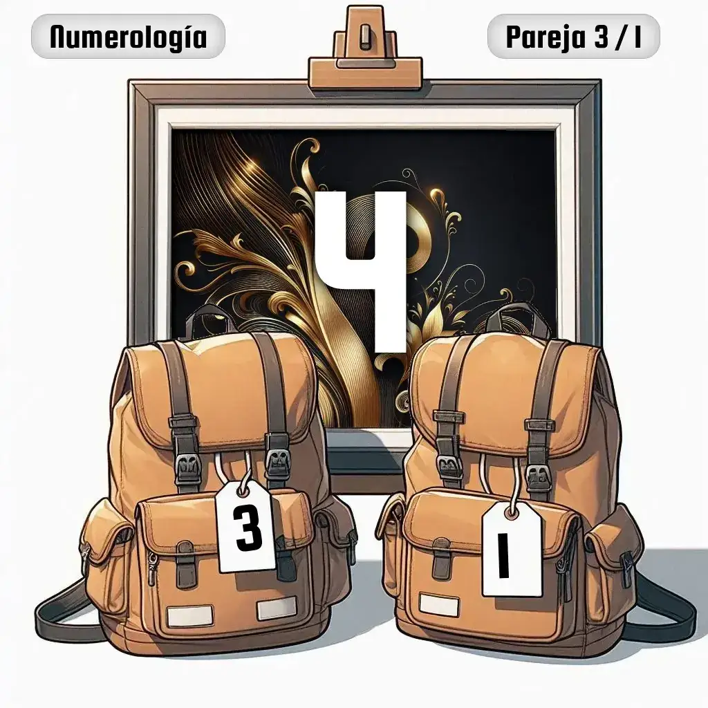 Dos mochilas, una con el número '3' y otra con el número '1' representand a los dos en la pareja. De fondo hay un cuadro con el número de pareja conjunta, el Cuatro