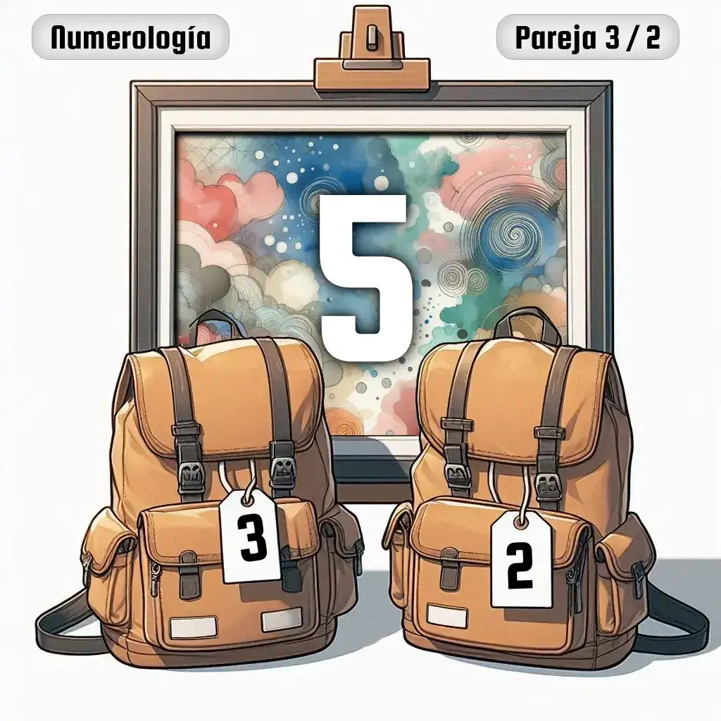 Dos mochilas, una con el número '3' y otra con el número '2' representand a los dos en la pareja. De fondo hay un cuadro con el número de pareja conjunta, el Cinco