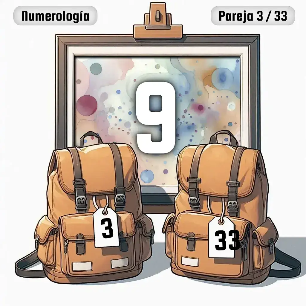 Dos mochilas, una con el número '3' y otra con el número '33' representand a los dos en la pareja. De fondo hay un cuadro con el número de pareja conjunta, el Nueve