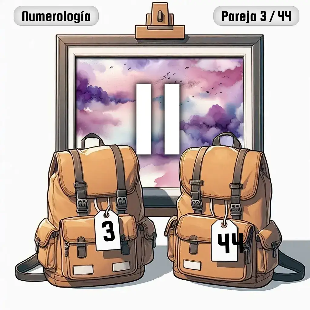 Dos mochilas, una con el número '3' y otra con el número '44' representand a los dos en la pareja. De fondo hay un cuadro con el número de pareja conjunta, el Once