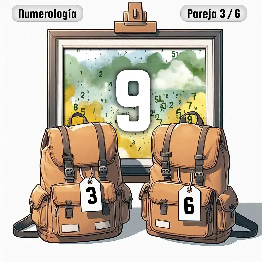 Dos mochilas, una con el número '3' y otra con el número '6' representand a los dos en la pareja. De fondo hay un cuadro con el número de pareja conjunta, el Nueve