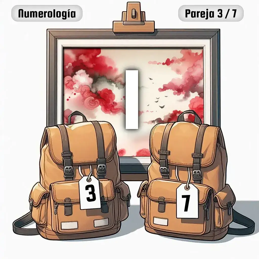 Dos mochilas, una con el número '3' y otra con el número '7' representand a los dos en la pareja. De fondo hay un cuadro con el número de pareja conjunta, el Uno