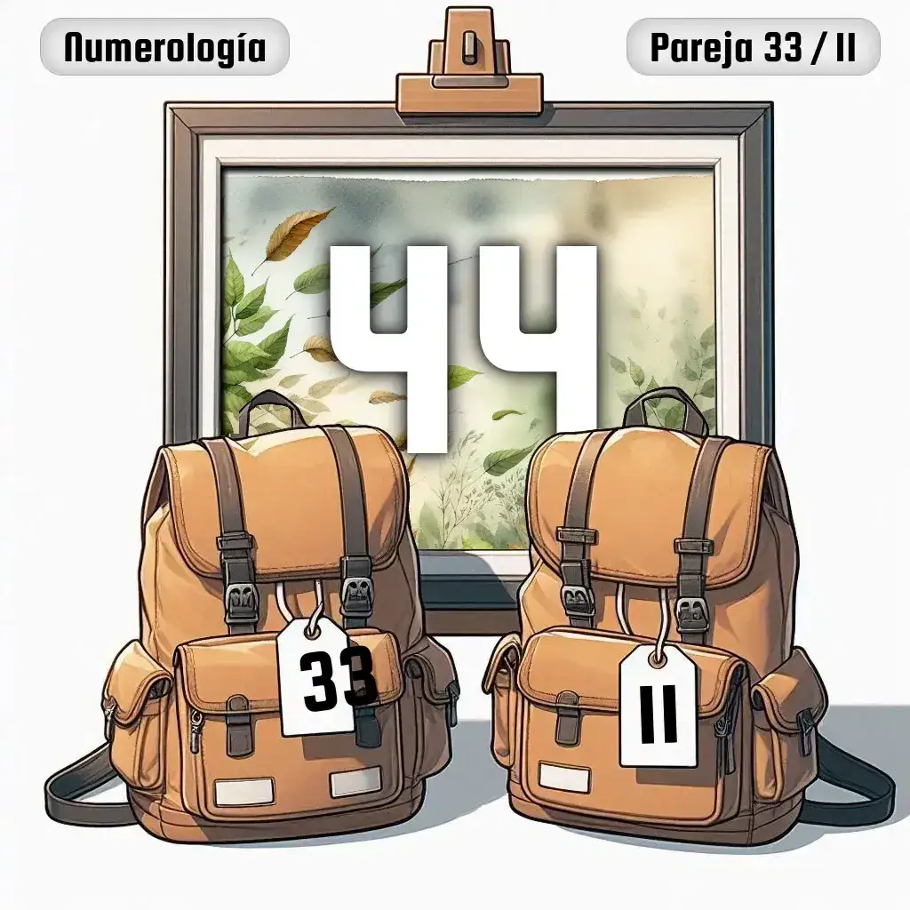Dos mochilas, una con el número '33' y otra con el número '11' representand a los dos en la pareja. De fondo hay un cuadro con el número de pareja conjunta, el Cuarenta y cuatro