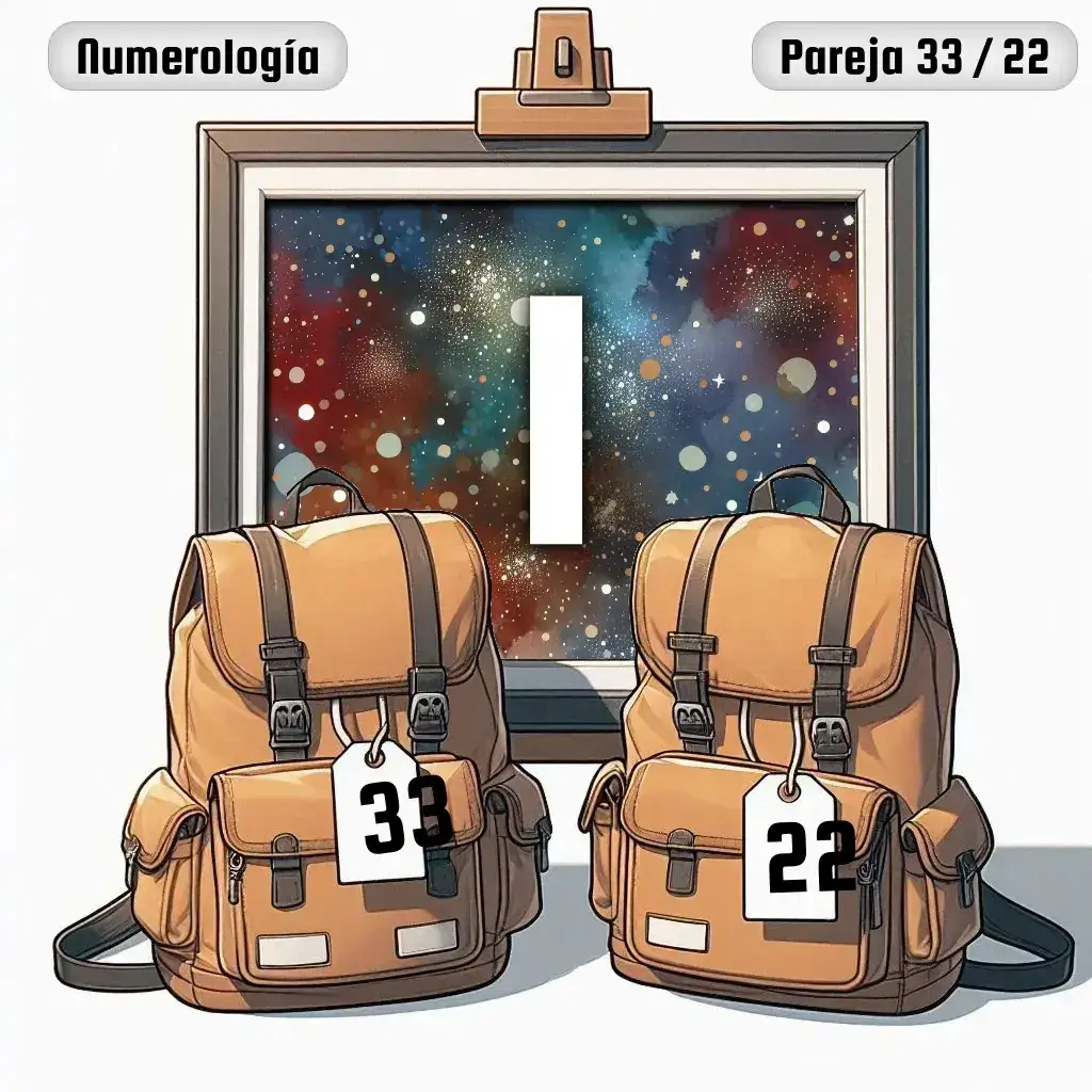 Dos mochilas, una con el número '33' y otra con el número '22' representand a los dos en la pareja. De fondo hay un cuadro con el número de pareja conjunta, el Uno