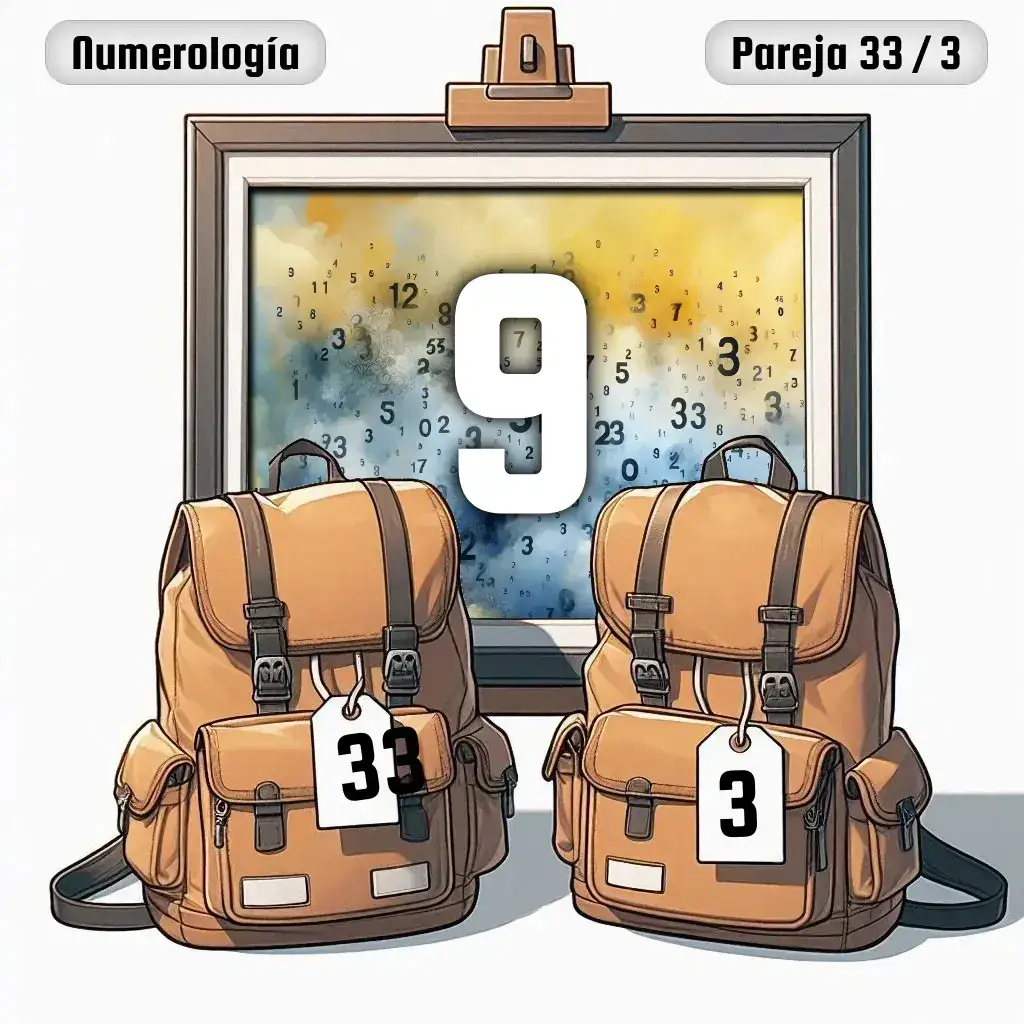 Dos mochilas, una con el número '33' y otra con el número '3' representand a los dos en la pareja. De fondo hay un cuadro con el número de pareja conjunta, el Nueve