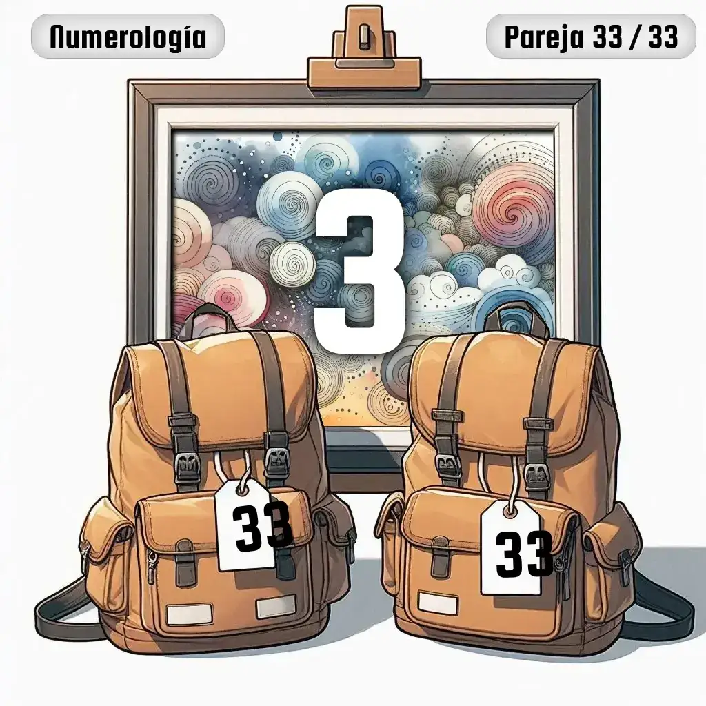 Dos mochilas, una con el número '33' y otra con el número '33' representand a los dos en la pareja. De fondo hay un cuadro con el número de pareja conjunta, el Tres