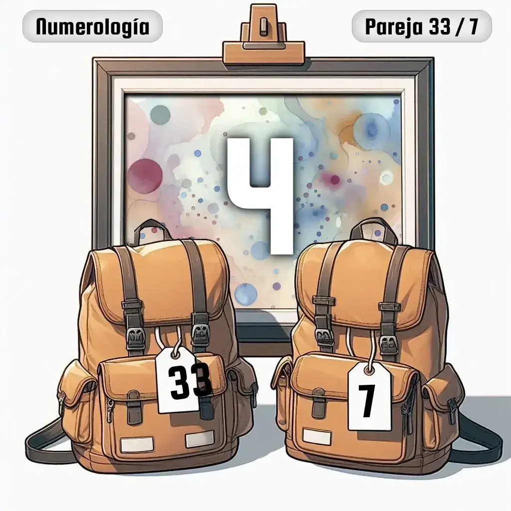 Dos mochilas, una con el número '33' y otra con el número '7' representand a los dos en la pareja. De fondo hay un cuadro con el número de pareja conjunta, el Cuatro