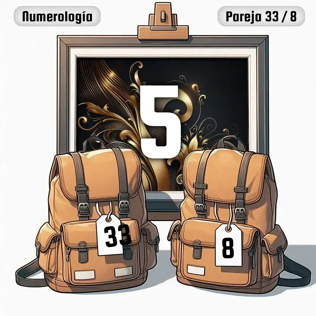 Dos mochilas, una con el número '33' y otra con el número '8' representand a los dos en la pareja. De fondo hay un cuadro con el número de pareja conjunta, el Cinco