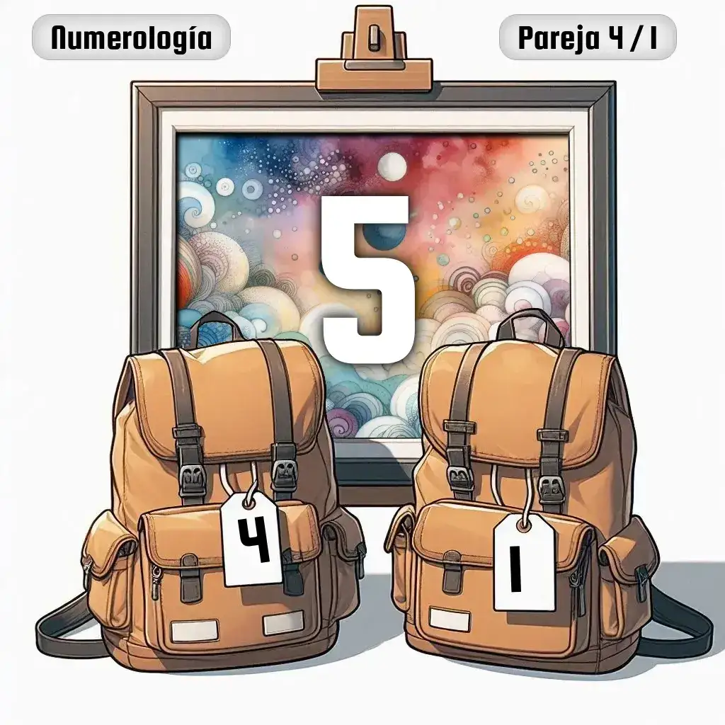 Dos mochilas, una con el número '4' y otra con el número '1' representand a los dos en la pareja. De fondo hay un cuadro con el número de pareja conjunta, el Cinco