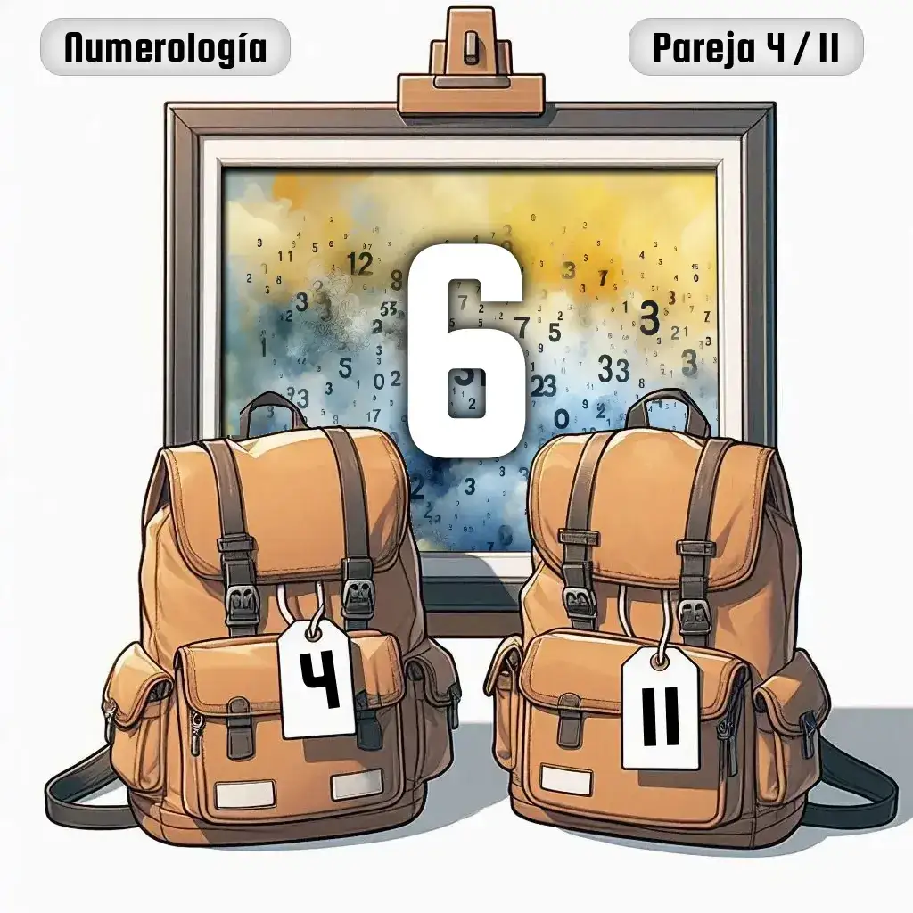 Dos mochilas, una con el número '4' y otra con el número '11' representand a los dos en la pareja. De fondo hay un cuadro con el número de pareja conjunta, el Seis