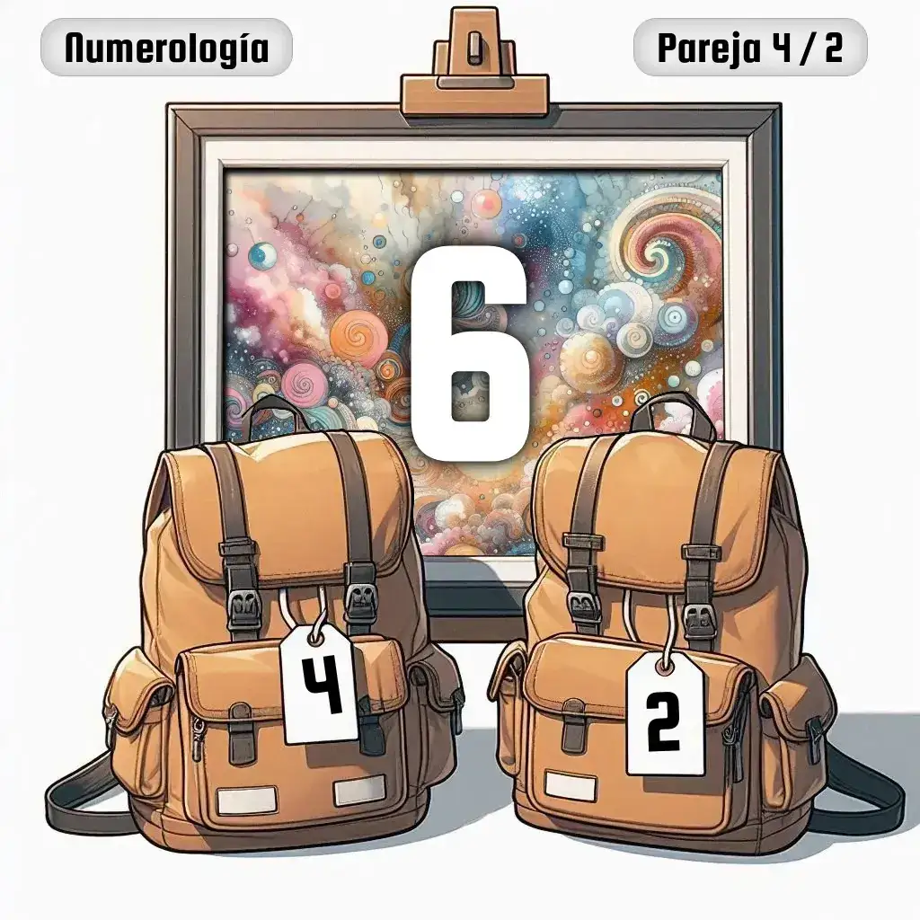 Dos mochilas, una con el número '4' y otra con el número '2' representand a los dos en la pareja. De fondo hay un cuadro con el número de pareja conjunta, el Seis