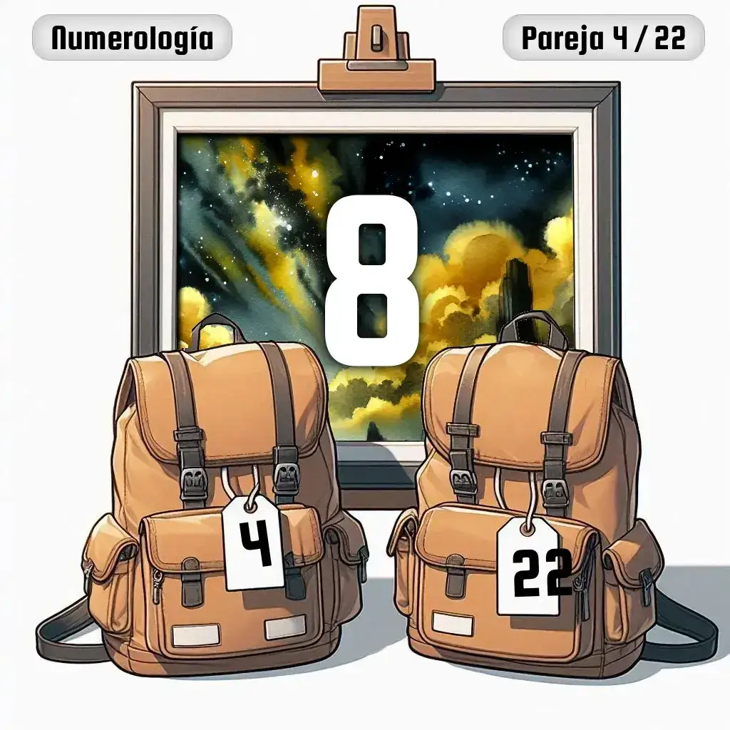 Dos mochilas, una con el número '4' y otra con el número '22' representand a los dos en la pareja. De fondo hay un cuadro con el número de pareja conjunta, el Ocho