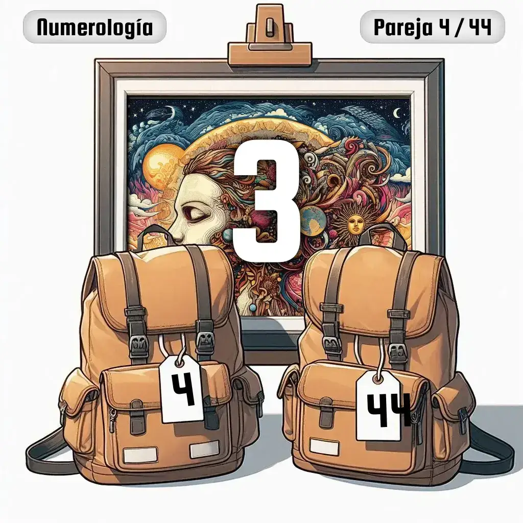 Dos mochilas, una con el número '4' y otra con el número '44' representand a los dos en la pareja. De fondo hay un cuadro con el número de pareja conjunta, el Tres