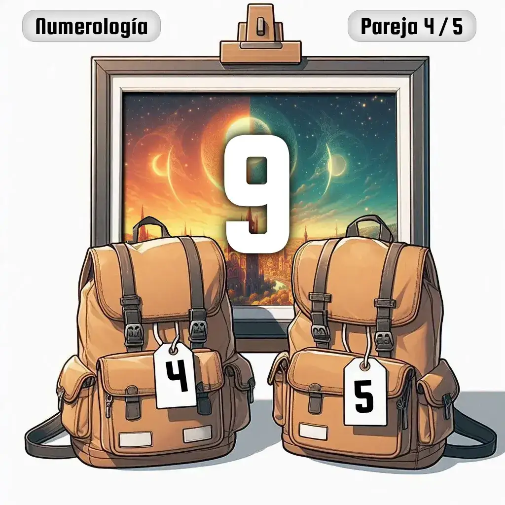 Dos mochilas, una con el número '4' y otra con el número '5' representand a los dos en la pareja. De fondo hay un cuadro con el número de pareja conjunta, el Nueve