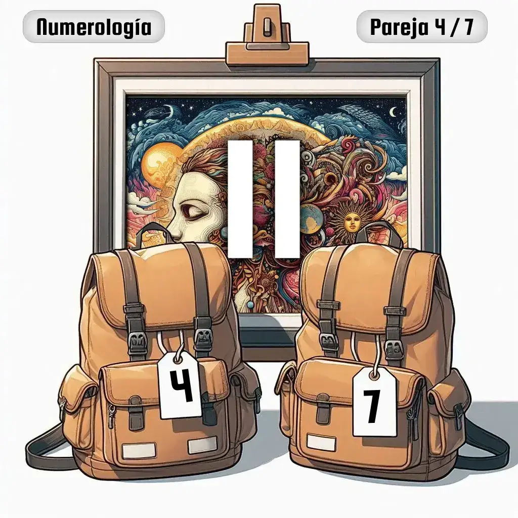 Dos mochilas, una con el número '4' y otra con el número '7' representand a los dos en la pareja. De fondo hay un cuadro con el número de pareja conjunta, el Once