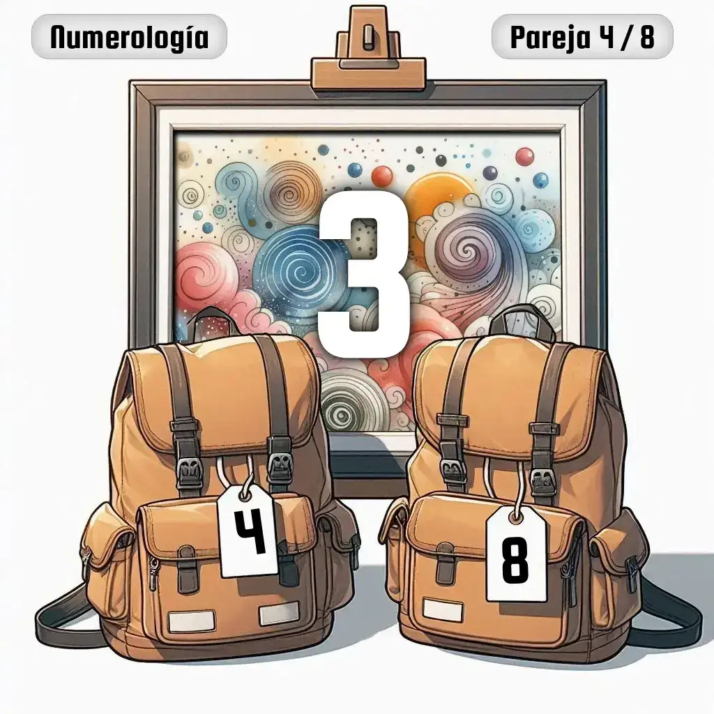 Dos mochilas, una con el número '4' y otra con el número '8' representand a los dos en la pareja. De fondo hay un cuadro con el número de pareja conjunta, el Tres