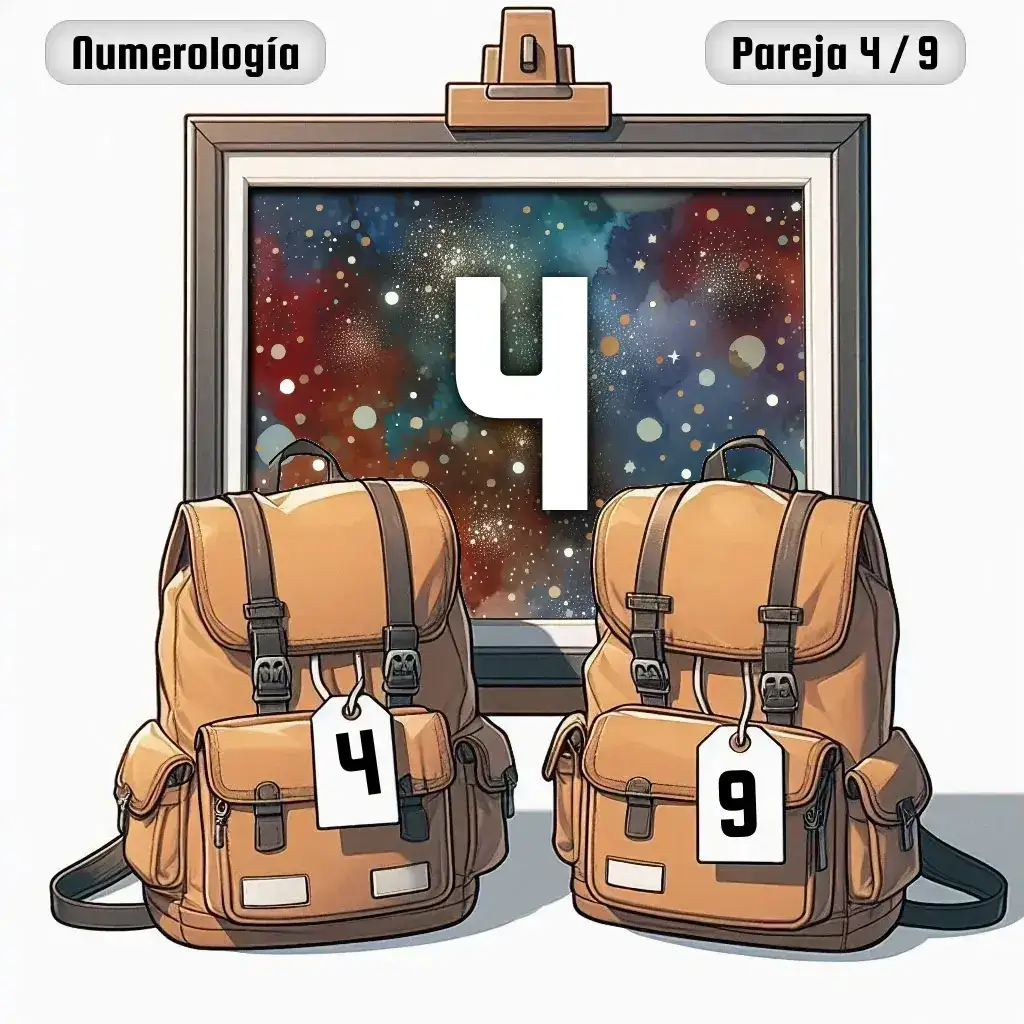 Dos mochilas, una con el número '4' y otra con el número '9' representand a los dos en la pareja. De fondo hay un cuadro con el número de pareja conjunta, el Cuatro