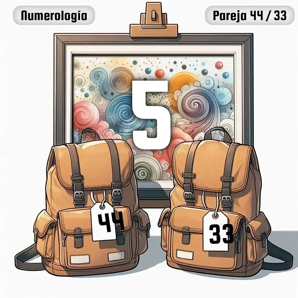 Dos mochilas, una con el número '44' y otra con el número '33' representand a los dos en la pareja. De fondo hay un cuadro con el número de pareja conjunta, el Cinco