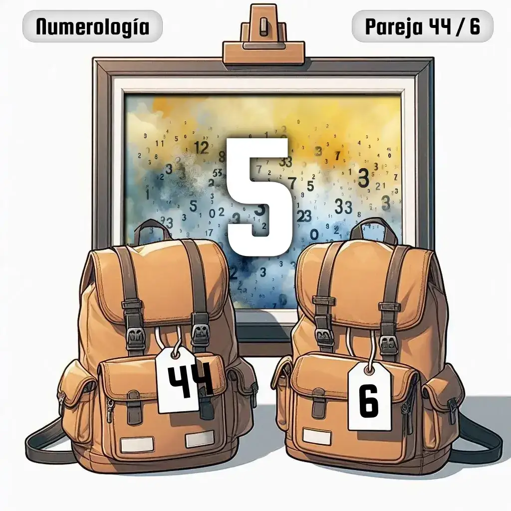 Dos mochilas, una con el número '44' y otra con el número '6' representand a los dos en la pareja. De fondo hay un cuadro con el número de pareja conjunta, el Cinco