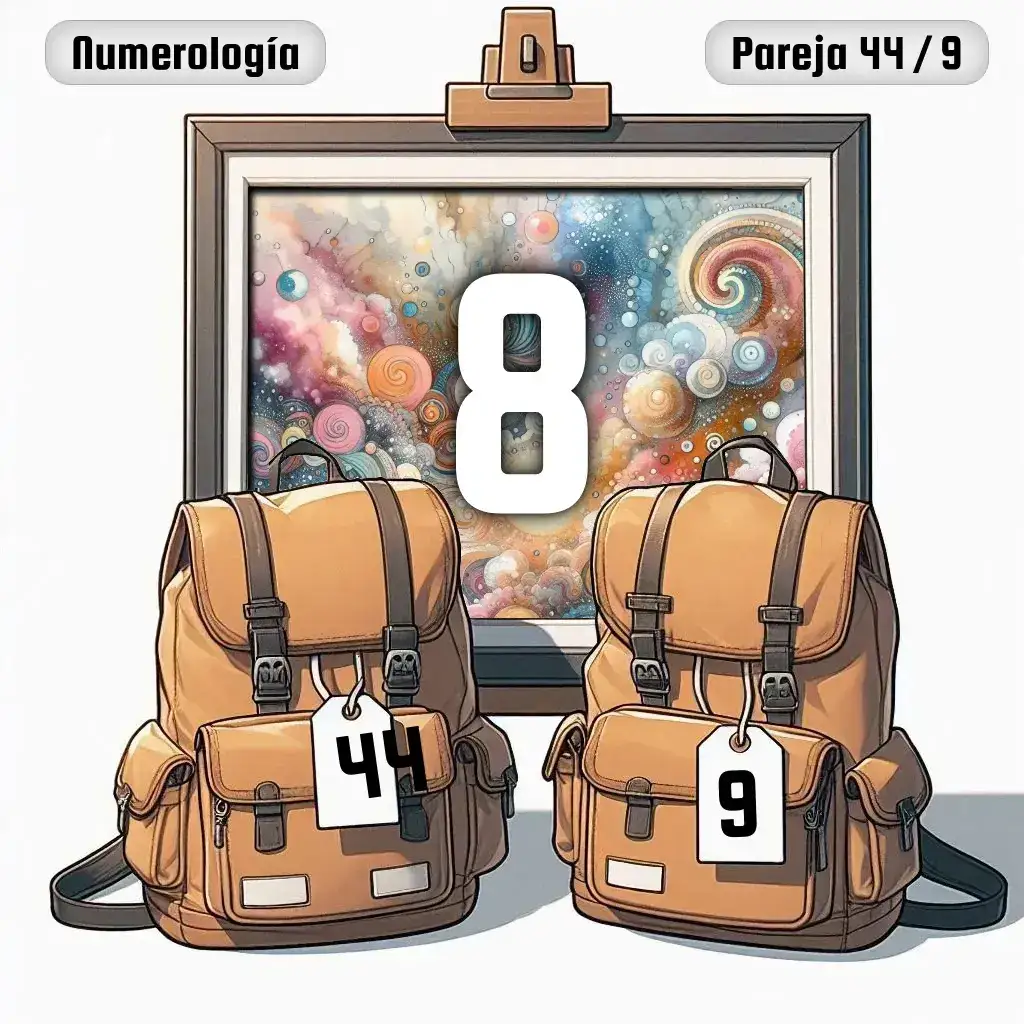 Dos mochilas, una con el número '44' y otra con el número '9' representand a los dos en la pareja. De fondo hay un cuadro con el número de pareja conjunta, el Ocho