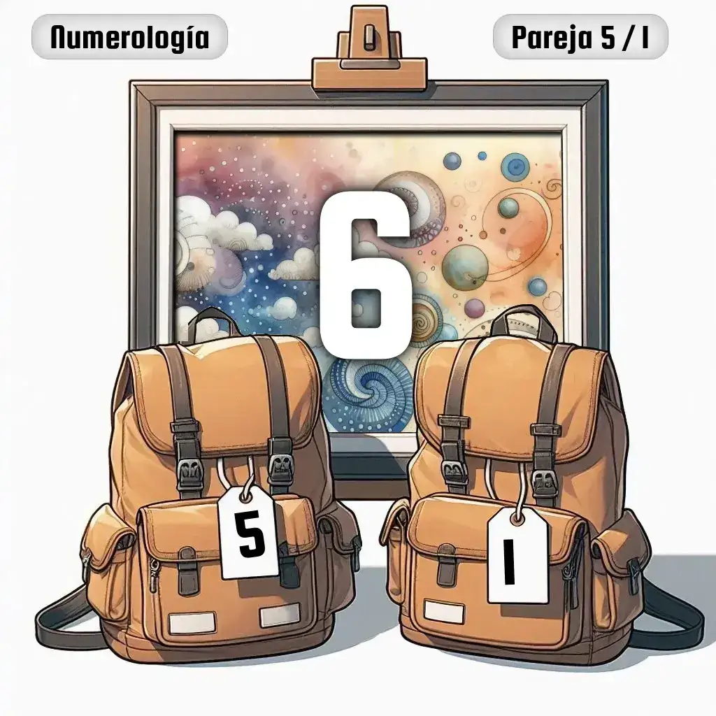 Dos mochilas, una con el número '5' y otra con el número '1' representand a los dos en la pareja. De fondo hay un cuadro con el número de pareja conjunta, el Seis