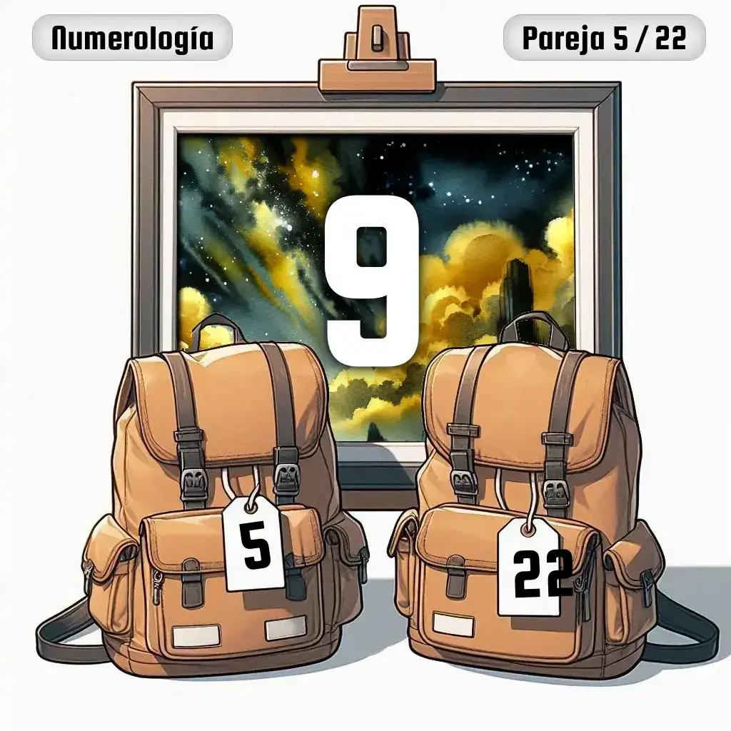Dos mochilas, una con el número '5' y otra con el número '22' representand a los dos en la pareja. De fondo hay un cuadro con el número de pareja conjunta, el Nueve