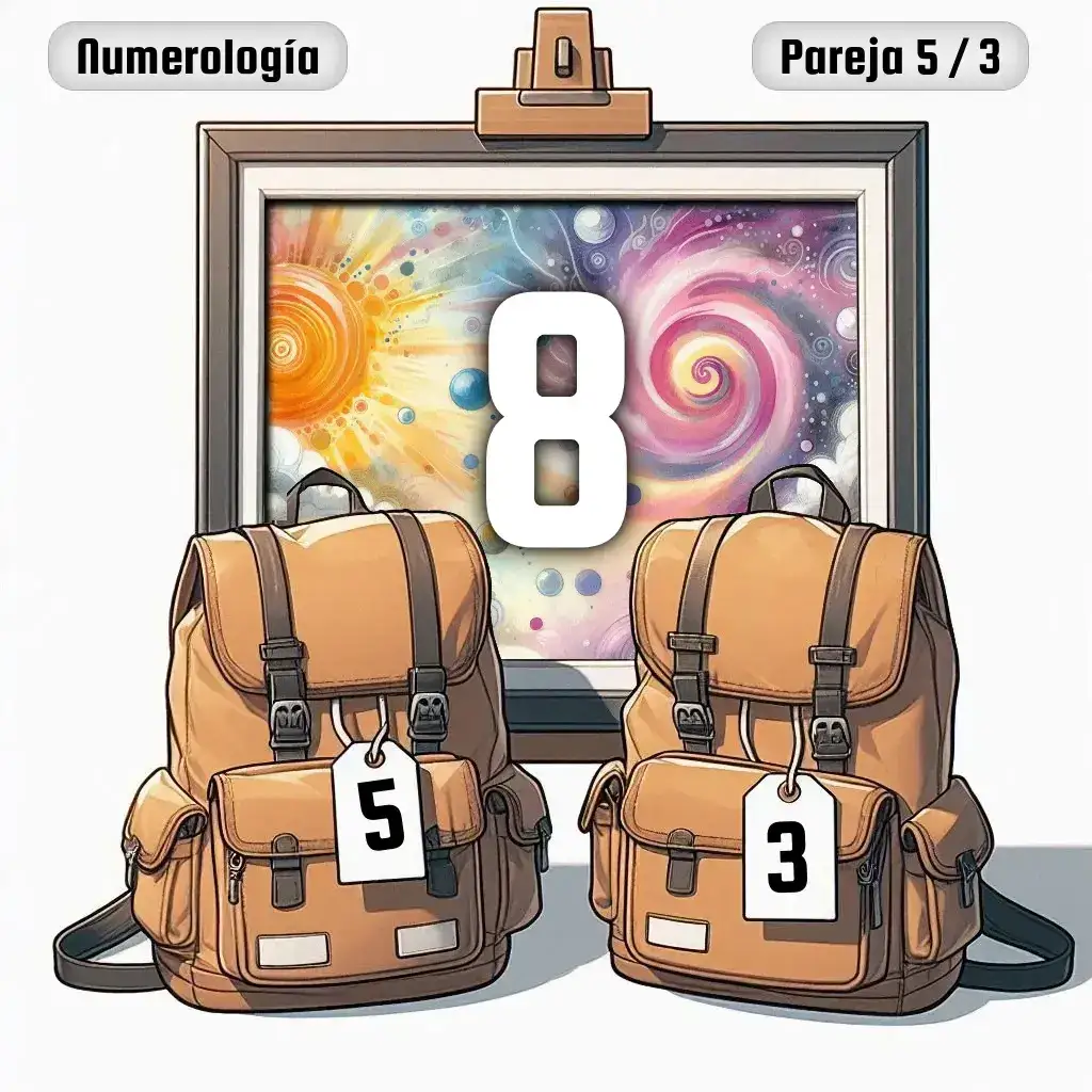 Dos mochilas, una con el número '5' y otra con el número '3' representand a los dos en la pareja. De fondo hay un cuadro con el número de pareja conjunta, el Ocho