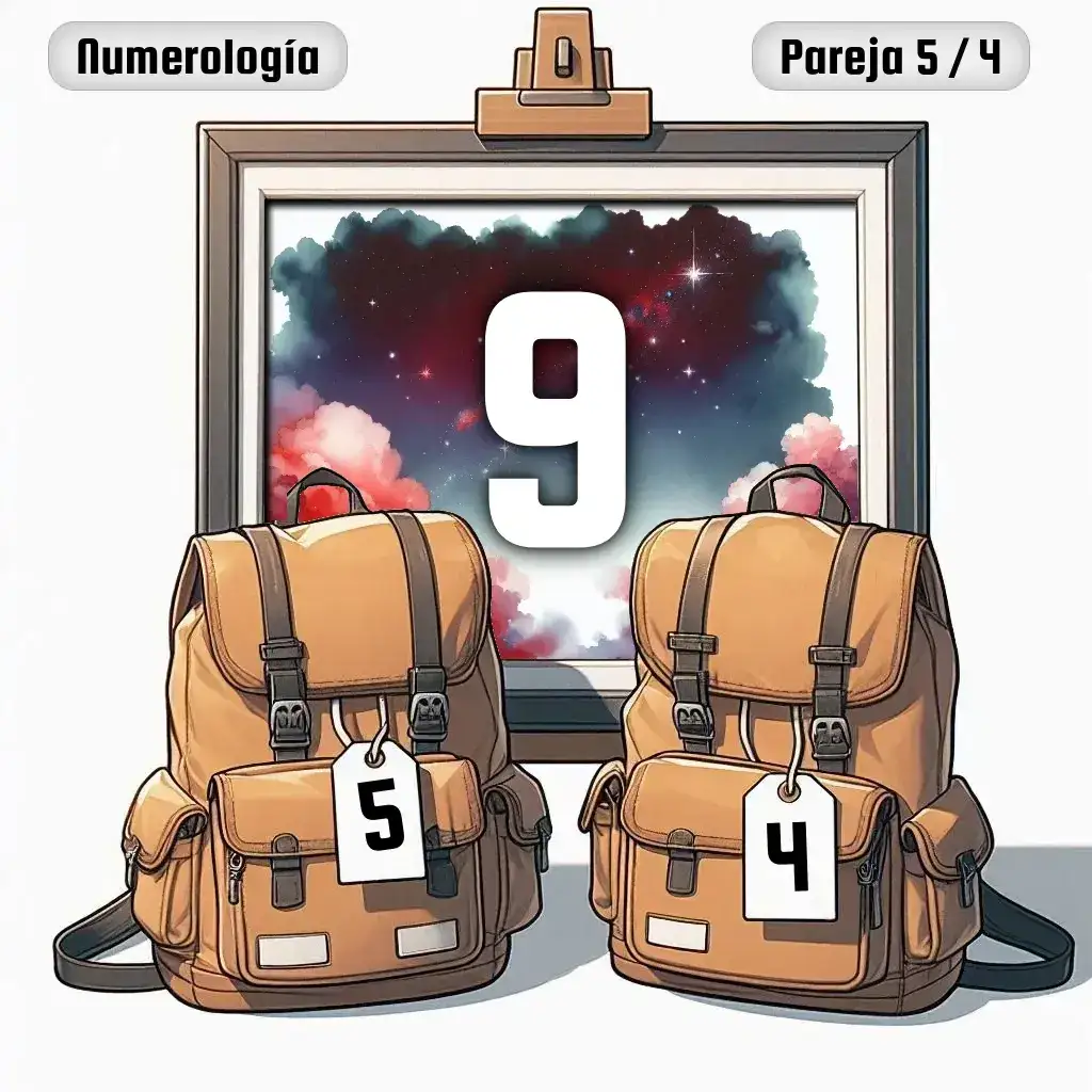 Dos mochilas, una con el número '5' y otra con el número '4' representand a los dos en la pareja. De fondo hay un cuadro con el número de pareja conjunta, el Nueve