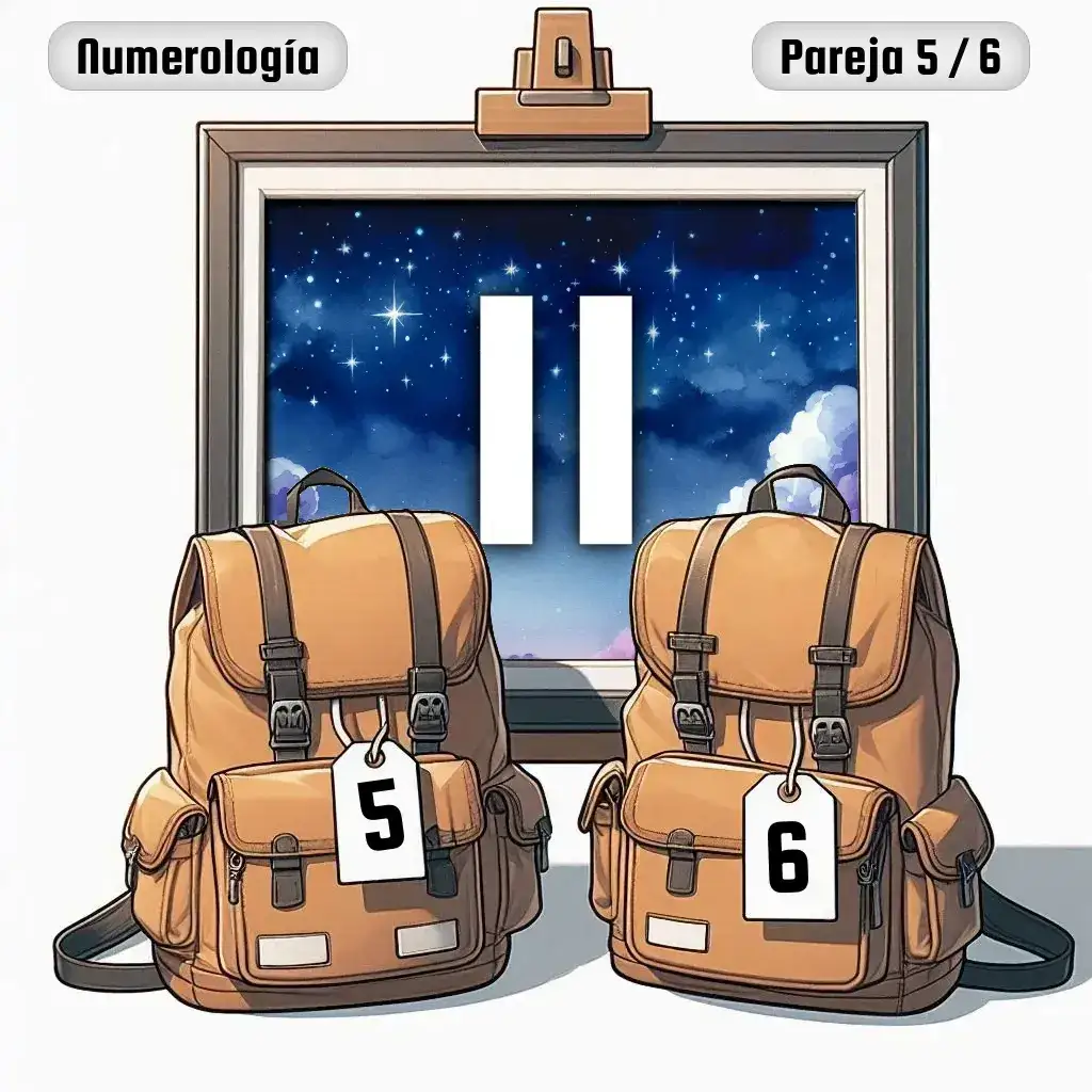 Dos mochilas, una con el número '5' y otra con el número '6' representand a los dos en la pareja. De fondo hay un cuadro con el número de pareja conjunta, el Once