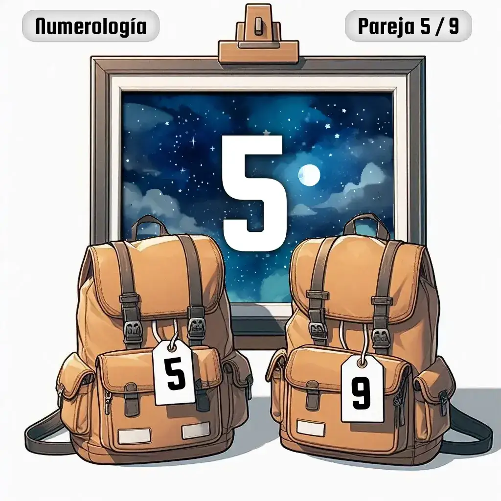 Dos mochilas, una con el número '5' y otra con el número '9' representand a los dos en la pareja. De fondo hay un cuadro con el número de pareja conjunta, el Cinco