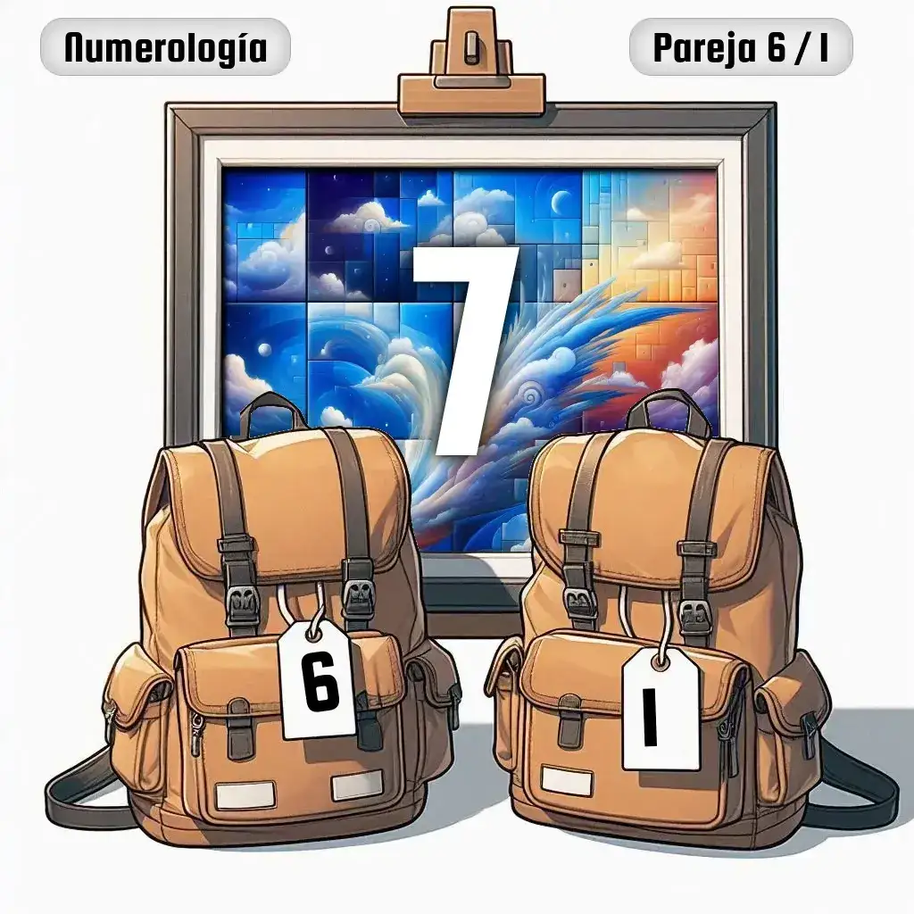 Dos mochilas, una con el número '6' y otra con el número '1' representand a los dos en la pareja. De fondo hay un cuadro con el número de pareja conjunta, el Siete