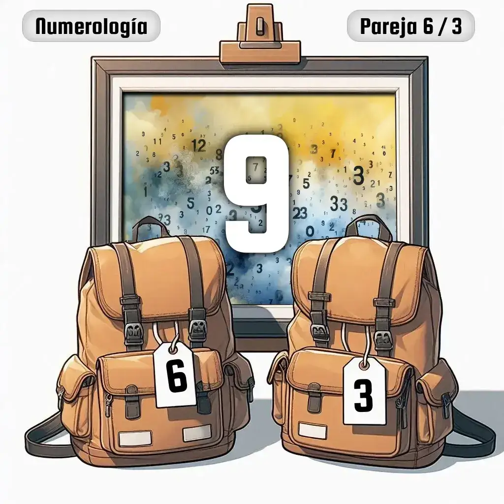 Dos mochilas, una con el número '6' y otra con el número '3' representand a los dos en la pareja. De fondo hay un cuadro con el número de pareja conjunta, el Nueve