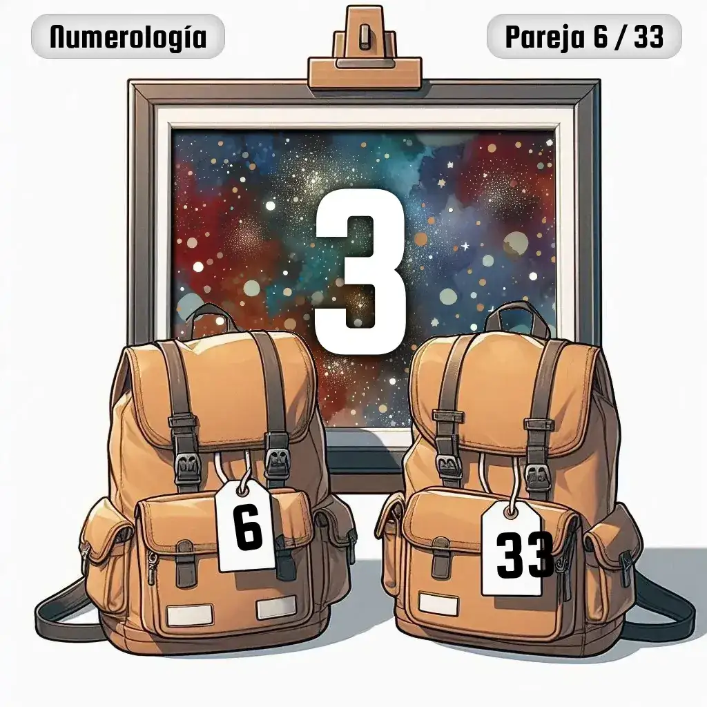 Dos mochilas, una con el número '6' y otra con el número '33' representand a los dos en la pareja. De fondo hay un cuadro con el número de pareja conjunta, el Tres