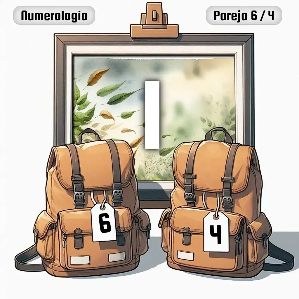 Dos mochilas, una con el número '6' y otra con el número '4' representand a los dos en la pareja. De fondo hay un cuadro con el número de pareja conjunta, el Uno