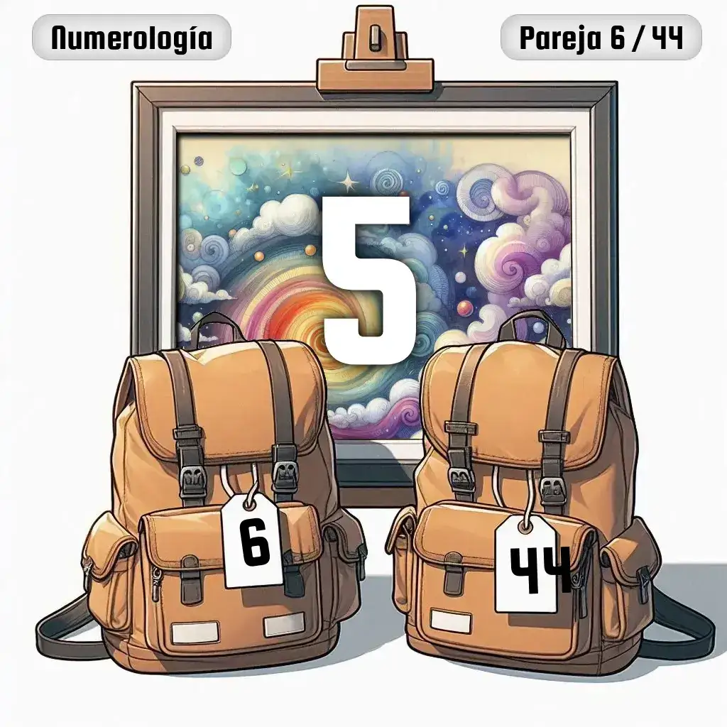 Dos mochilas, una con el número '6' y otra con el número '44' representand a los dos en la pareja. De fondo hay un cuadro con el número de pareja conjunta, el Cinco